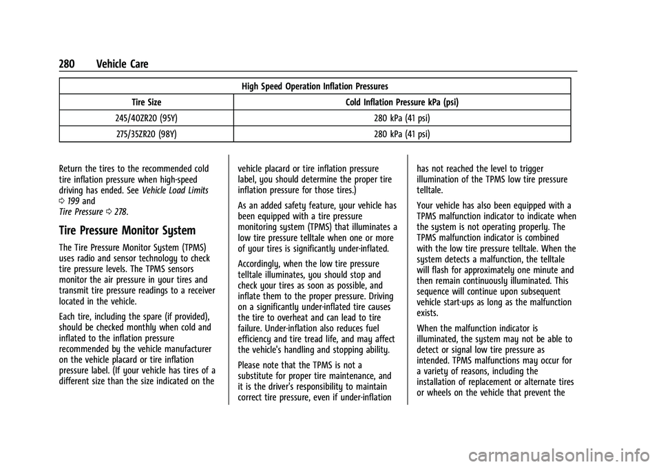 CHEVROLET CAMARO 2022 User Guide Chevrolet Camaro Owner Manual (GMNA-Localizing-U.S./Canada/Mexico-
14583589) - 2021 - CRC - 3/24/20
280 Vehicle Care
High Speed Operation Inflation Pressures
Tire Size Cold Inflation Pressure kPa (psi CHEVROLET CAMARO 2022 User Guide Chevrolet Camaro Owner Manual (GMNA-Localizing-U.S./Canada/Mexico-
14583589) - 2021 - CRC - 3/24/20
280 Vehicle Care
High Speed Operation Inflation Pressures
Tire Size Cold Inflation Pressure kPa (psi