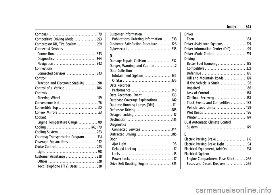 CHEVROLET CAMARO 2022 Owners Guide Chevrolet Camaro Owner Manual (GMNA-Localizing-U.S./Canada/Mexico-
14583589) - 2021 - CRC - 3/24/20
Index 347
Compass . . . . . . . . . . . . . . . . . . . . . . . . . . . . . . . . . . 79
Competitive CHEVROLET CAMARO 2022 Owners Guide Chevrolet Camaro Owner Manual (GMNA-Localizing-U.S./Canada/Mexico-
14583589) - 2021 - CRC - 3/24/20
Index 347
Compass . . . . . . . . . . . . . . . . . . . . . . . . . . . . . . . . . . 79
Competitive