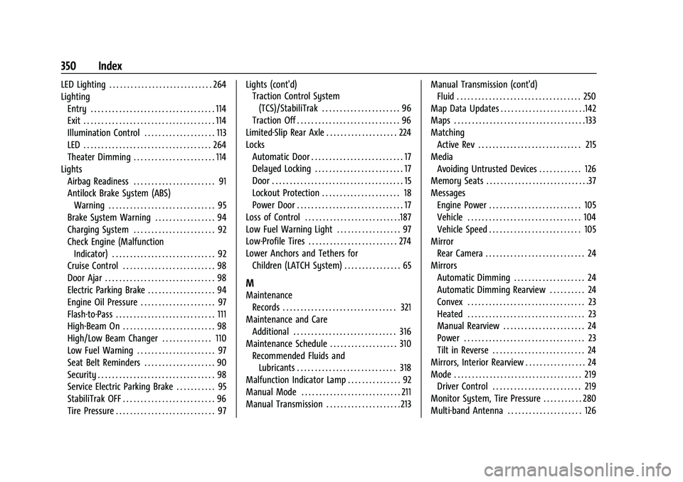 CHEVROLET CAMARO 2022 Owners Manual Chevrolet Camaro Owner Manual (GMNA-Localizing-U.S./Canada/Mexico-
14583589) - 2021 - CRC - 3/24/20
350 Index
LED Lighting . . . . . . . . . . . . . . . . . . . . . . . . . . . . . 264
LightingEntry . CHEVROLET CAMARO 2022 Owners Manual Chevrolet Camaro Owner Manual (GMNA-Localizing-U.S./Canada/Mexico-
14583589) - 2021 - CRC - 3/24/20
350 Index
LED Lighting . . . . . . . . . . . . . . . . . . . . . . . . . . . . . 264
LightingEntry .
