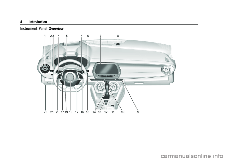 CHEVROLET CAMARO 2022 Owners Manual Chevrolet Camaro Owner Manual (GMNA-Localizing-U.S./Canada/Mexico-
14583589) - 2021 - CRC - 3/24/20
4 Introduction
Instrument Panel Overview CHEVROLET CAMARO 2022 Owners Manual Chevrolet Camaro Owner Manual (GMNA-Localizing-U.S./Canada/Mexico-
14583589) - 2021 - CRC - 3/24/20
4 Introduction
Instrument Panel Overview