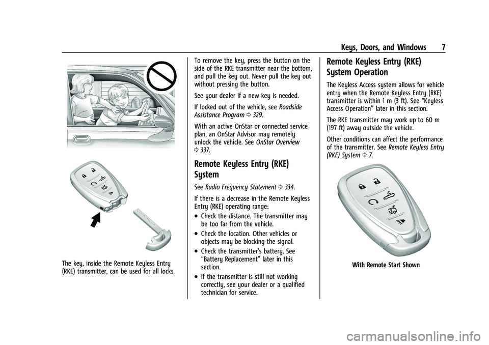 CHEVROLET CAMARO 2022  Owners Manual Chevrolet Camaro Owner Manual (GMNA-Localizing-U.S./Canada/Mexico-
14583589) - 2021 - CRC - 3/24/20
Keys, Doors, and Windows 7
The key, inside the Remote Keyless Entry
(RKE) transmitter, can be used f