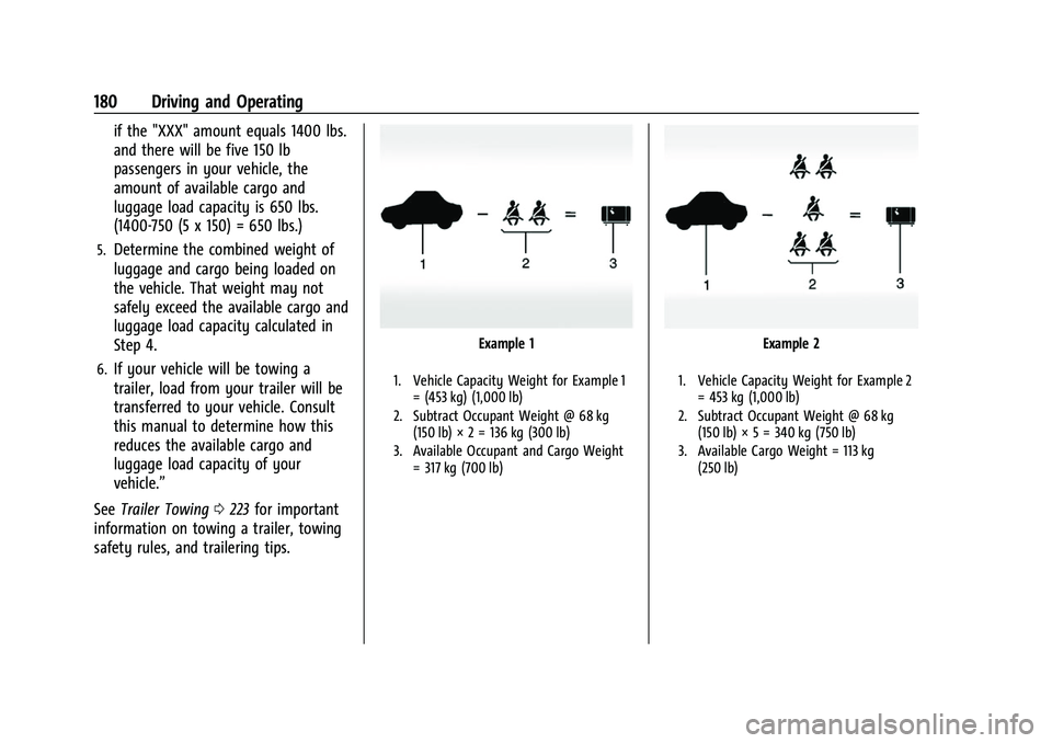 CHEVROLET COLORADO 2023  Owners Manual Chevrolet Colorado Owner Manual (GMNA-Localizing-U.S./Canada/Mexico-
15274222) - 2022 - CRC - 11/2/21
180 Driving and Operating
if the "XXX" amount equals 1400 lbs.
and there will be five 150 