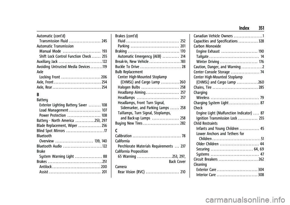 CHEVROLET COLORADO 2023 Owners Manual Chevrolet Colorado Owner Manual (GMNA-Localizing-U.S./Canada/Mexico-
15274222) - 2022 - CRC - 11/2/21
Index 351
Automatic (cont'd)Transmission Fluid . . . . . . . . . . . . . . . . . . . . . 245
A CHEVROLET COLORADO 2023 Owners Manual Chevrolet Colorado Owner Manual (GMNA-Localizing-U.S./Canada/Mexico-
15274222) - 2022 - CRC - 11/2/21
Index 351
Automatic (cont'd)Transmission Fluid . . . . . . . . . . . . . . . . . . . . . 245
A