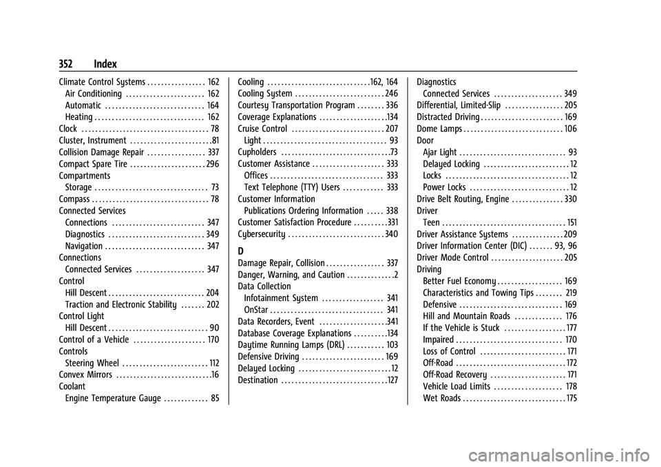 CHEVROLET COLORADO 2023 Owners Manual Chevrolet Colorado Owner Manual (GMNA-Localizing-U.S./Canada/Mexico-
15274222) - 2022 - CRC - 11/2/21
352 Index
Climate Control Systems . . . . . . . . . . . . . . . . . 162Air Conditioning . . . . . CHEVROLET COLORADO 2023 Owners Manual Chevrolet Colorado Owner Manual (GMNA-Localizing-U.S./Canada/Mexico-
15274222) - 2022 - CRC - 11/2/21
352 Index
Climate Control Systems . . . . . . . . . . . . . . . . . 162Air Conditioning . . . . .