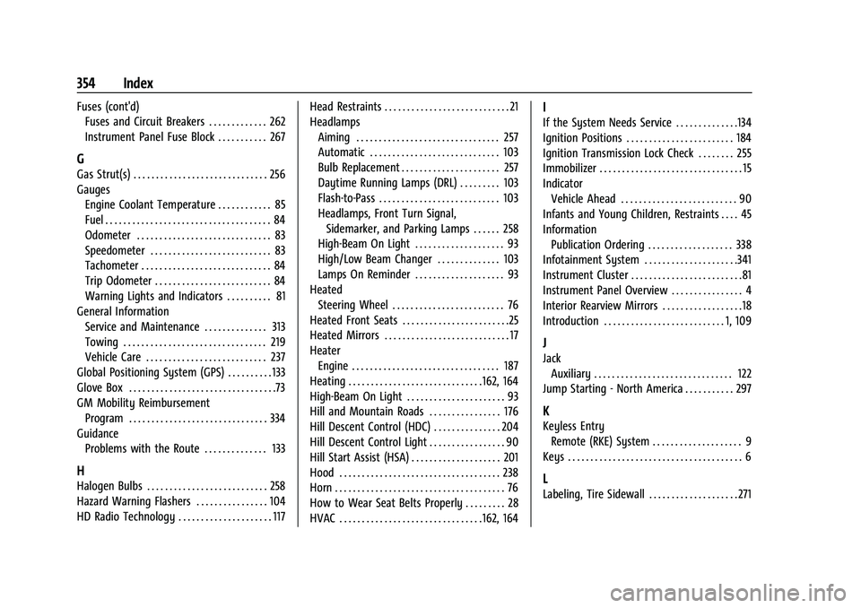 CHEVROLET COLORADO 2023 Owners Manual Chevrolet Colorado Owner Manual (GMNA-Localizing-U.S./Canada/Mexico-
15274222) - 2022 - CRC - 11/2/21
354 Index
Fuses (cont'd)Fuses and Circuit Breakers . . . . . . . . . . . . . 262
Instrument Pa CHEVROLET COLORADO 2023 Owners Manual Chevrolet Colorado Owner Manual (GMNA-Localizing-U.S./Canada/Mexico-
15274222) - 2022 - CRC - 11/2/21
354 Index
Fuses (cont'd)Fuses and Circuit Breakers . . . . . . . . . . . . . 262
Instrument Pa
