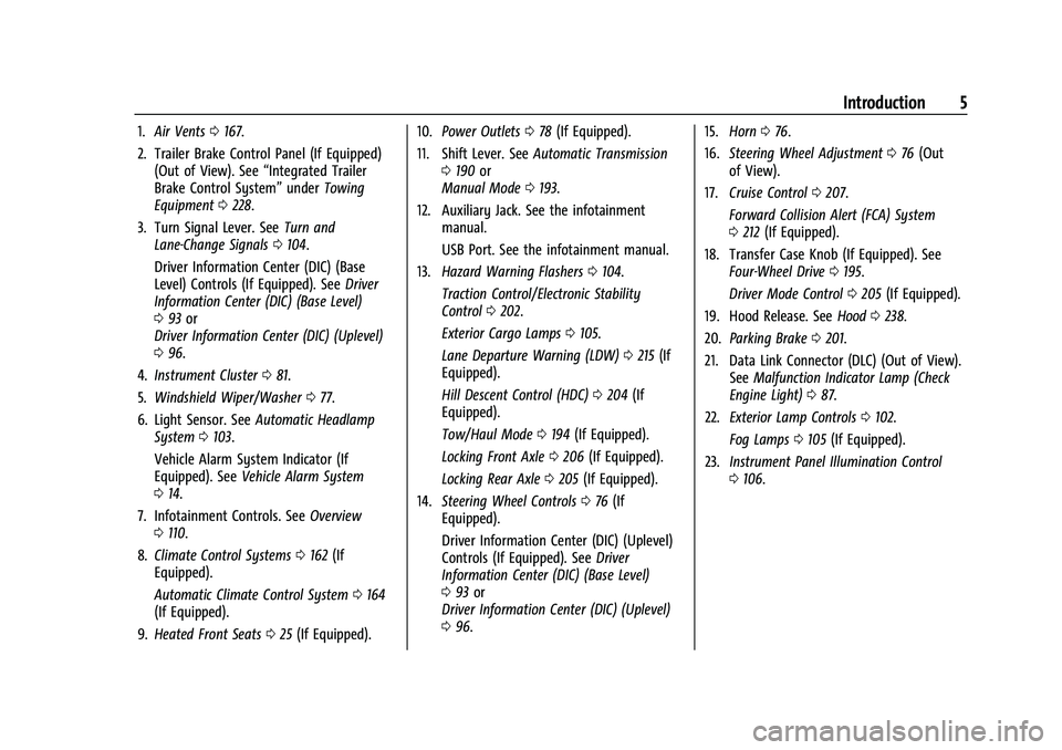 CHEVROLET COLORADO 2022  Owners Manual Chevrolet Colorado Owner Manual (GMNA-Localizing-U.S./Canada/Mexico-
15274222) - 2022 - CRC - 11/2/21
Introduction 5
1.Air Vents 0167.
2. Trailer Brake Control Panel (If Equipped) (Out of View). See �