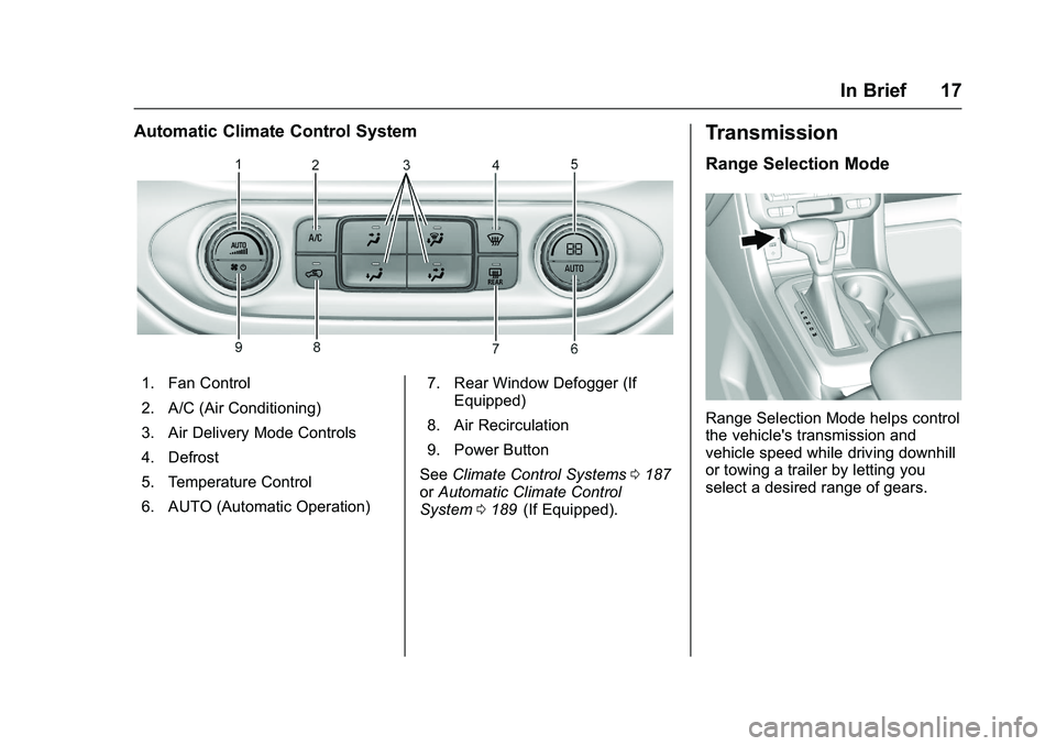 CHEVROLET COLORADO Z71 2016 User Guide Chevrolet Colorado Owner Manual (GMNA-Localizing-U.S/Canada/Mexico-
9159327) - 2016 - crc - 8/28/15
In Brief 17
Automatic Climate Control System
1. Fan Control
2. A/C (Air Conditioning)
3. Air Deliver