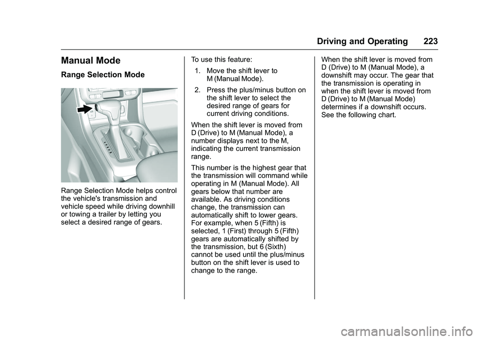 CHEVROLET COLORADO Z71 2016  Owners Manual Chevrolet Colorado Owner Manual (GMNA-Localizing-U.S/Canada/Mexico-
9159327) - 2016 - crc - 8/28/15
Driving and Operating 223
Manual Mode
Range Selection Mode
Range Selection Mode helps control
the ve