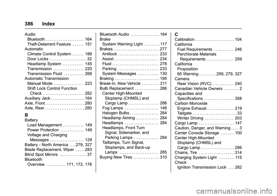 CHEVROLET COLORADO Z71 2016 Owners Manual Chevrolet Colorado Owner Manual (GMNA-Localizing-U.S/Canada/Mexico-
9159327) - 2016 - crc - 8/28/15
386 Index
AudioBluetooth . . . . . . . . . . . . . . . . . . . . . 164
Theft-Deterrent Feature . . . CHEVROLET COLORADO Z71 2016 Owners Manual Chevrolet Colorado Owner Manual (GMNA-Localizing-U.S/Canada/Mexico-
9159327) - 2016 - crc - 8/28/15
386 Index
AudioBluetooth . . . . . . . . . . . . . . . . . . . . . 164
Theft-Deterrent Feature . . .
