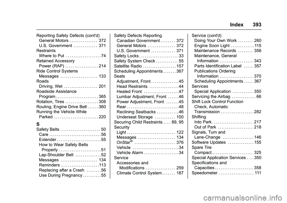 CHEVROLET COLORADO Z71 2016 Owners Manual Chevrolet Colorado Owner Manual (GMNA-Localizing-U.S/Canada/Mexico-
9159327) - 2016 - crc - 8/28/15
Index 393
Reporting Safety Defects (cont'd)General Motors . . . . . . . . . . . . . . . 372
U.S. CHEVROLET COLORADO Z71 2016 Owners Manual Chevrolet Colorado Owner Manual (GMNA-Localizing-U.S/Canada/Mexico-
9159327) - 2016 - crc - 8/28/15
Index 393
Reporting Safety Defects (cont'd)General Motors . . . . . . . . . . . . . . . 372
U.S.