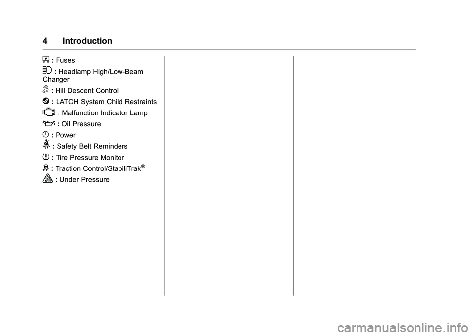 CHEVROLET COLORADO Z71 2016  Owners Manual Chevrolet Colorado Owner Manual (GMNA-Localizing-U.S/Canada/Mexico-
9159327) - 2016 - crc - 8/28/15
4 Introduction
+:Fuses
3:Headlamp High/Low-Beam
Changer
5: Hill Descent Control
j:LATCH System Child