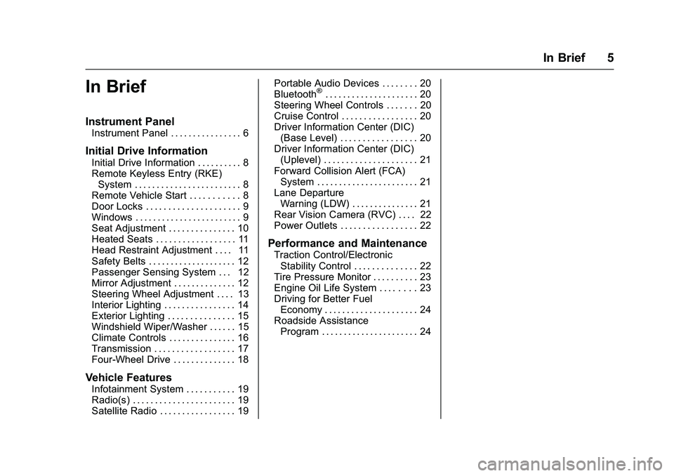 CHEVROLET COLORADO Z71 2016  Owners Manual Chevrolet Colorado Owner Manual (GMNA-Localizing-U.S/Canada/Mexico-
9159327) - 2016 - crc - 8/28/15
In Brief 5
In Brief
Instrument Panel
Instrument Panel . . . . . . . . . . . . . . . . 6
Initial Driv