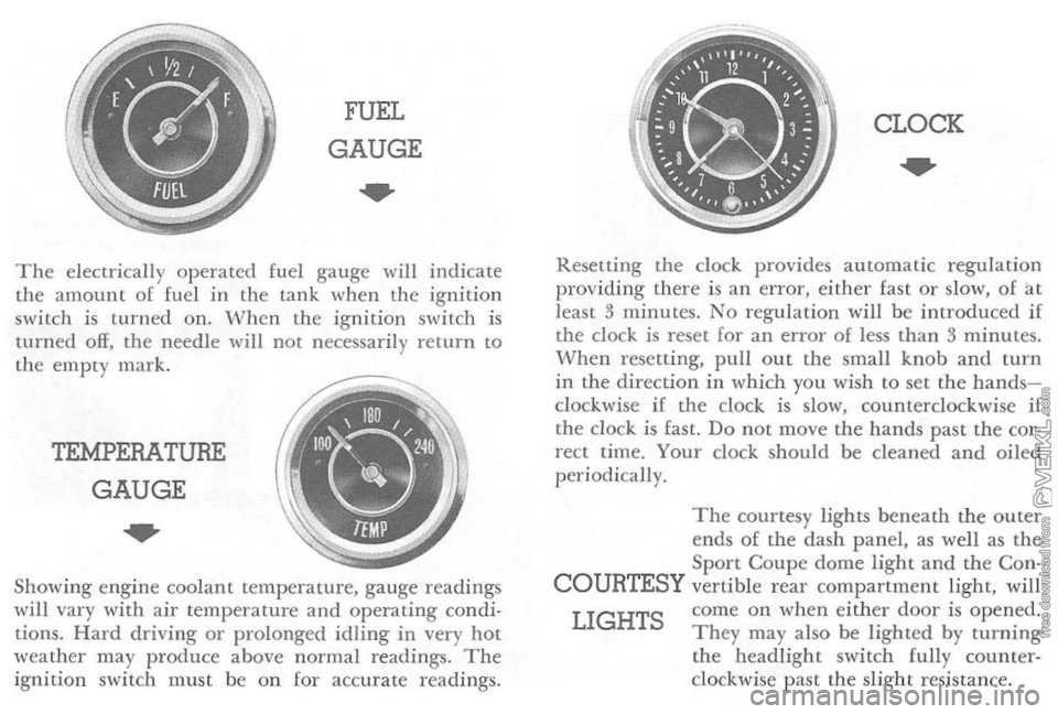 CHEVROLET CORVETTE 1964 User Guide FUEL 
GAUGE 
.. 
The ele ctr ically  o p erated  fuel gauge  will  indicate 
th e  amoun t  o f fuel  in the  lan k when th e  ig nition 
switc h  i s  turned  on. W hen the ignition switch  is 
turne