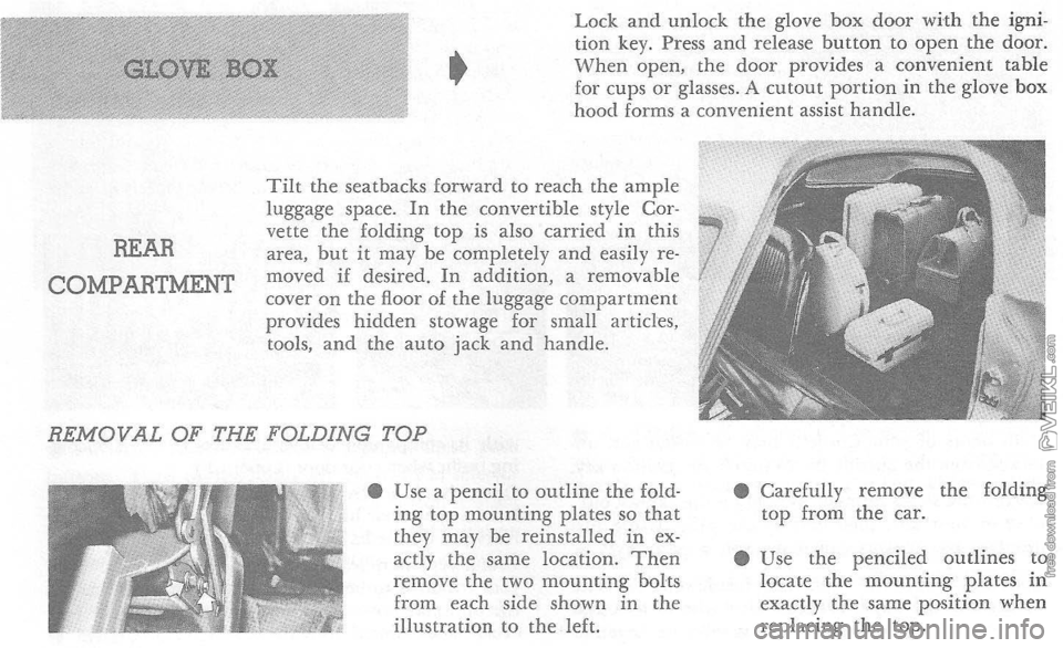 CHEVROLET CORVETTE 1964 Owners Manual REAR 
COMPARTMENT • 
Lock and unlock the glove box door with the igni­
tion  key.  Press  and release  button  to open the door. When open,  the door  provides  a convenient  table for cups or glas