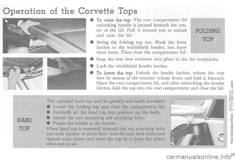 CHEVROLET CORVETTE 1964 Owners Manual Operation of the Corvette Tops 
HARD 
TOP 
• To raise the top: The rear compartment lid unlocking handle is located beneath the cen­
ter of the  lid. Pull it toward  you to unlock and raise the lid