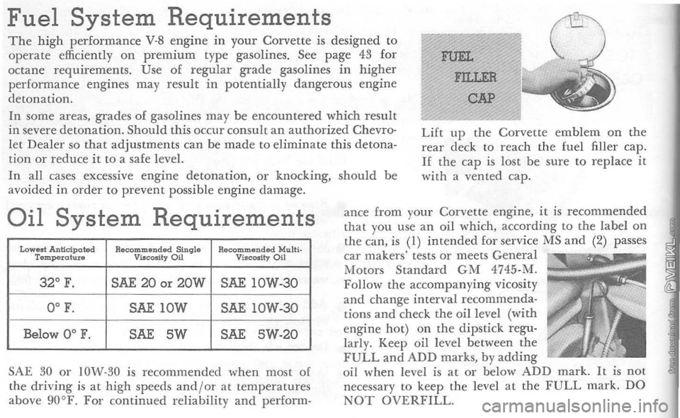CHEVROLET CORVETTE 1964 Owners Guide Fuel System Requirements The high performance V-8 engine in your Corvette is designed  to operate efficiently on premium type gasolines.  See page 43 for 
octane  requirements.  Use of regular grade g