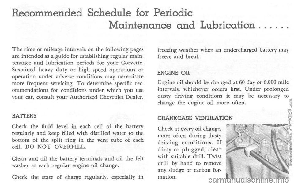 CHEVROLET CORVETTE 1964 Owners Guide Recommended Schedule for Periodic 
Maintenance 
and Lubrication 
The time or mileage  intervals on the following  pages 
are  intended as a guide  for establishing  regular main­
tenance  and lubrica
