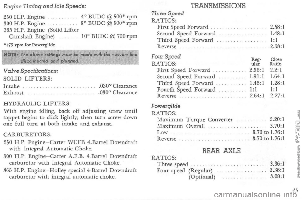 CHEVROLET CORVETTE 1964 Service Manual Engine Timing and Idle Speeds: 
250  H.P.  Engine  4° 
BUDC @500 rpm 300 H.P. Engine  8° BUDC @ 500 rpm 365 H.P. Engine  (Solid Lifter 
Camshaft  Engine) 10° BUDC @ 700 rpm ·475 rpm  for Powergl
