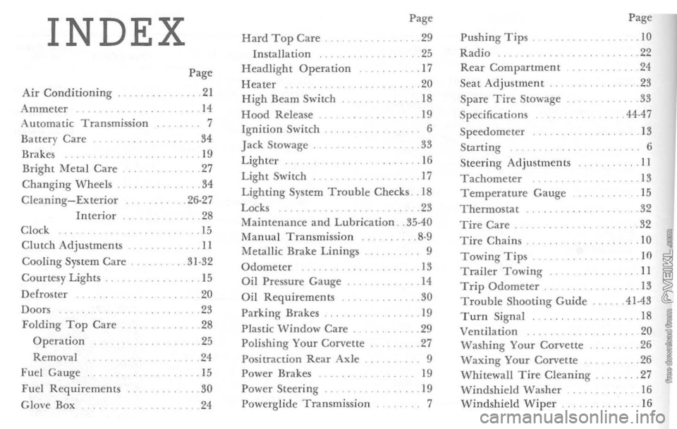 CHEVROLET CORVETTE 1964 Service Manual INDEX Page 
Page Hard Top Care
. 29 Pushing Tips.  .10 Installation .25 Radio .22 
Headlight  Operation  .17 Rear Compartment 24 
Page 
Heater  .20 
Seat 
Adjustment  .23 
Air 
Conditioning . .21 High