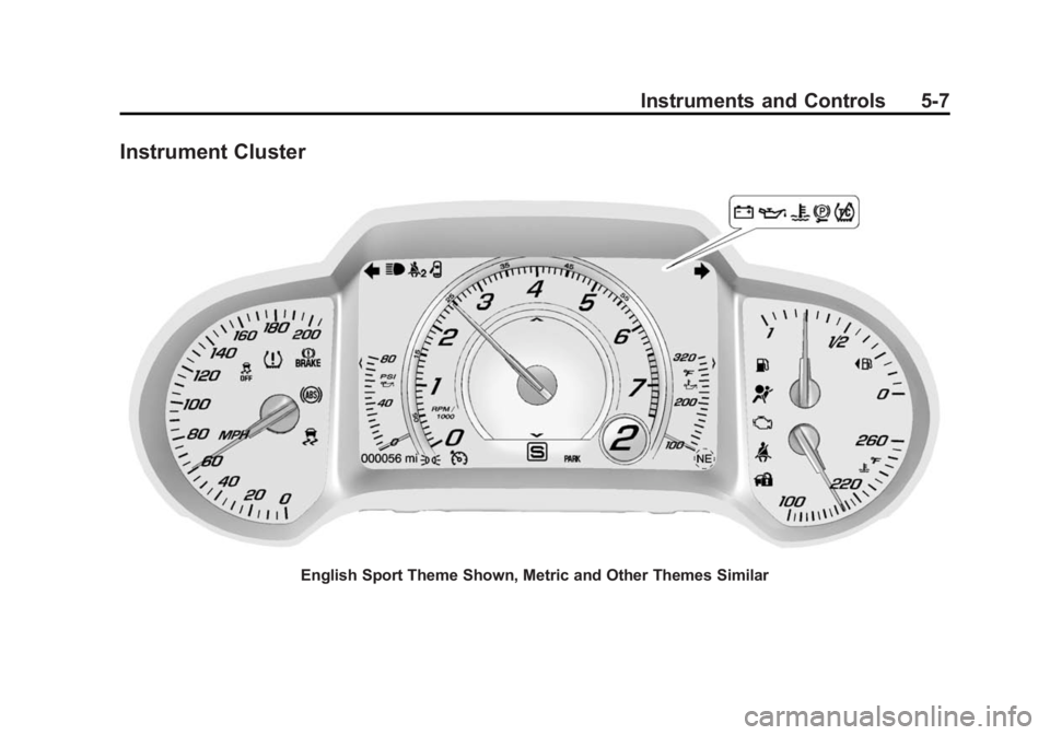 CHEVROLET CORVETTE GRAND SPORT 2015 Owners Manual Black plate (7,1)Chevrolet Corvette Owner Manual (GMNA-Localizing-U.S./Canada/Mexico-
7576293) - 2015 - crc - 6/17/14
Instruments and Controls 5-7
Instrument Cluster
English Sport Theme Shown, Metric CHEVROLET CORVETTE GRAND SPORT 2015 Owners Manual Black plate (7,1)Chevrolet Corvette Owner Manual (GMNA-Localizing-U.S./Canada/Mexico-
7576293) - 2015 - crc - 6/17/14
Instruments and Controls 5-7
Instrument Cluster
English Sport Theme Shown, Metric