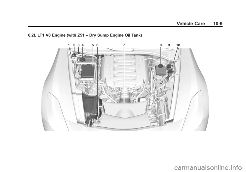 CHEVROLET CORVETTE GRAND SPORT 2015 Owners Manual Black plate (9,1)Chevrolet Corvette Owner Manual (GMNA-Localizing-U.S./Canada/Mexico-
7576293) - 2015 - crc - 6/17/14
Vehicle Care 10-9
6.2L LT1 V8 Engine (with Z51–Dry Sump Engine Oil Tank) CHEVROLET CORVETTE GRAND SPORT 2015 Owners Manual Black plate (9,1)Chevrolet Corvette Owner Manual (GMNA-Localizing-U.S./Canada/Mexico-
7576293) - 2015 - crc - 6/17/14
Vehicle Care 10-9
6.2L LT1 V8 Engine (with Z51–Dry Sump Engine Oil Tank)