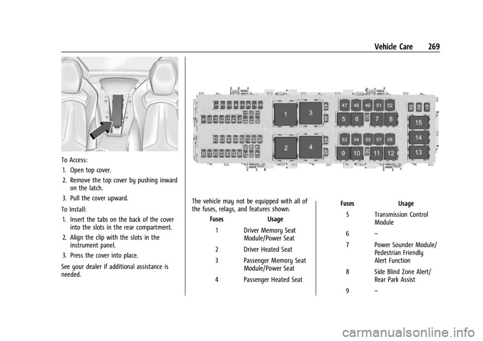 CHEVROLET CORVETTE 2023 Owners Manual Chevrolet Corvette Owner Manual (GMNA-Localizing-U.S./Canada/Mexico-
16287457) - 2023 - CRC - 3/10/22
Vehicle Care 269
To Access:1. Open top cover.
2. Remove the top cover by pushing inward on the lat CHEVROLET CORVETTE 2023 Owners Manual Chevrolet Corvette Owner Manual (GMNA-Localizing-U.S./Canada/Mexico-
16287457) - 2023 - CRC - 3/10/22
Vehicle Care 269
To Access:1. Open top cover.
2. Remove the top cover by pushing inward on the lat