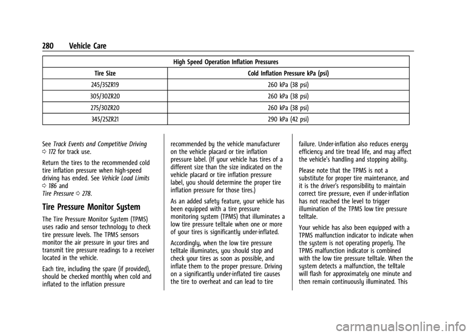 CHEVROLET CORVETTE 2023  Owners Manual Chevrolet Corvette Owner Manual (GMNA-Localizing-U.S./Canada/Mexico-
16287457) - 2023 - CRC - 3/10/22
280 Vehicle Care
High Speed Operation Inflation Pressures
Tire Size Cold Inflation Pressure kPa (p