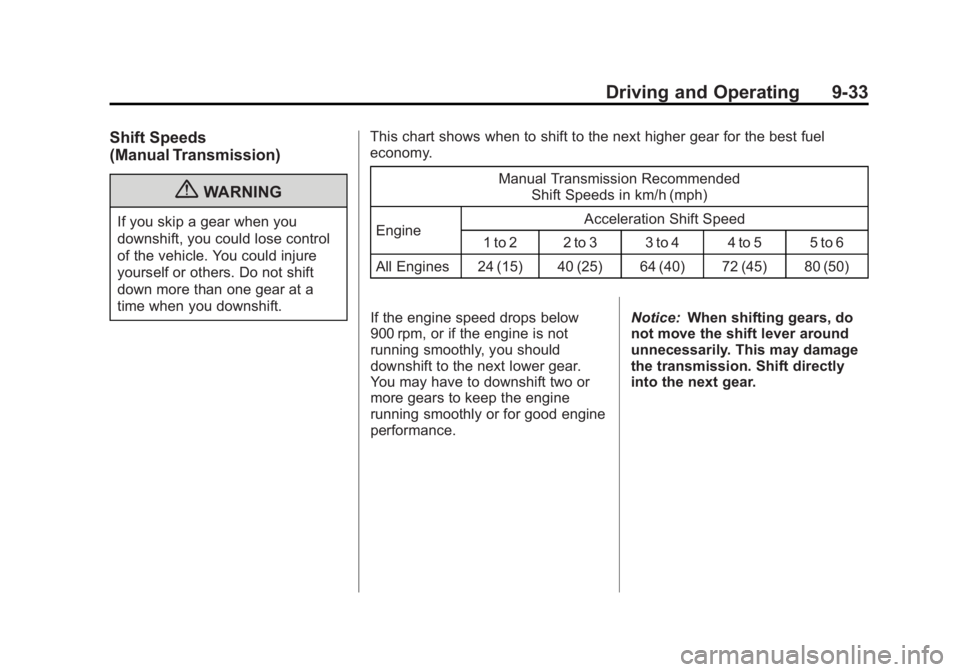 CHEVROLET CORVETTE C6 2012  Owners Manual Black plate (33,1)Chevrolet Corvette Owner Manual - 2012
Driving and Operating 9-33
Shift Speeds
(Manual Transmission)
{WARNING
If you skip a gear when you
downshift, you could lose control
of the veh