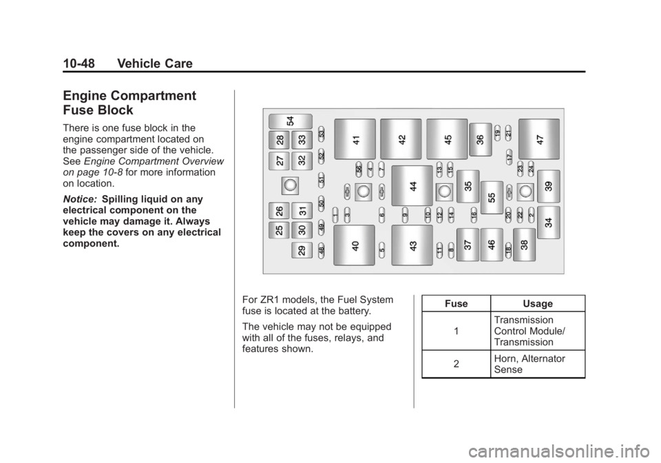 CHEVROLET CORVETTE C6 2012  Owners Manual Black plate (48,1)Chevrolet Corvette Owner Manual - 2012
10-48 Vehicle Care
Engine Compartment
Fuse Block
There is one fuse block in the
engine compartment located on
the passenger side of the vehicle