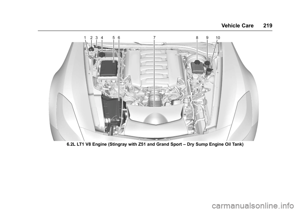 CHEVROLET CORVETTE C7 2018  Owners Manual Chevrolet Corvette Owner Manual (GMNA-Localizing-U.S./Canada/Mexico-
11374030) - 2018 - crc - 3/29/17
Vehicle Care 219
6.2L LT1 V8 Engine (Stingray with Z51 and Grand Sport–Dry Sump Engine Oil Tank)
