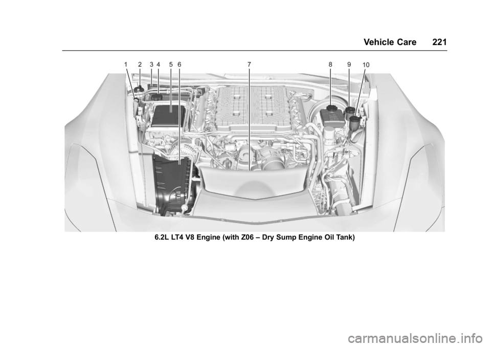 CHEVROLET CORVETTE C7 2018  Owners Manual Chevrolet Corvette Owner Manual (GMNA-Localizing-U.S./Canada/Mexico-
11374030) - 2018 - crc - 3/29/17
Vehicle Care 221
6.2L LT4 V8 Engine (with Z06–Dry Sump Engine Oil Tank) 