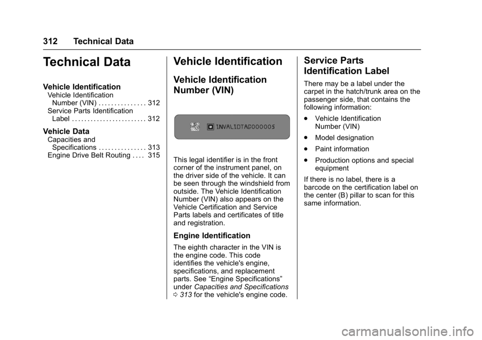 CHEVROLET CORVETTE C7 2018 Owners Manual Chevrolet Corvette Owner Manual (GMNA-Localizing-U.S./Canada/Mexico-
11374030) - 2018 - crc - 3/29/17
312 Technical Data
Technical Data
Vehicle Identification
Vehicle IdentificationNumber (VIN) . . . CHEVROLET CORVETTE C7 2018 Owners Manual Chevrolet Corvette Owner Manual (GMNA-Localizing-U.S./Canada/Mexico-
11374030) - 2018 - crc - 3/29/17
312 Technical Data
Technical Data
Vehicle Identification
Vehicle IdentificationNumber (VIN) . . .