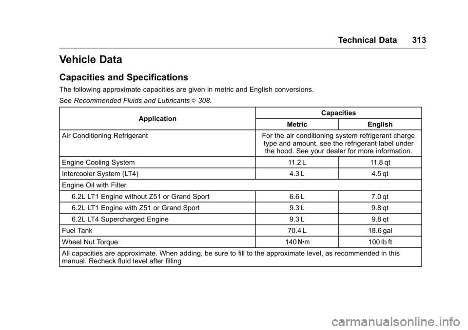 CHEVROLET CORVETTE C7 2018  Owners Manual Chevrolet Corvette Owner Manual (GMNA-Localizing-U.S./Canada/Mexico-
11374030) - 2018 - crc - 3/29/17
Technical Data 313
Vehicle Data
Capacities and Specifications
The following approximate capacities