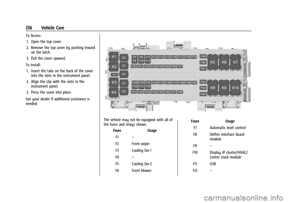 CHEVROLET CORVETTE C8 2021  Owners Manual Chevrolet Corvette Owner Manual (GMNA-Localizing-U.S./Canada/Mexico-
14622938) - 2021 - CRC - 9/22/20
256 Vehicle Care
To Access:1. Open the top cover.
2. Remove the top cover by pushing inward on the
