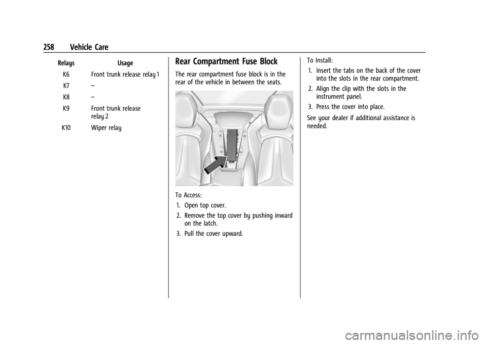 CHEVROLET CORVETTE C8 2021  Owners Manual Chevrolet Corvette Owner Manual (GMNA-Localizing-U.S./Canada/Mexico-
14622938) - 2021 - CRC - 9/22/20
258 Vehicle Care
RelaysUsage
K6 Front trunk release relay 1 K7 –
K8 –
K9 Front trunk release r