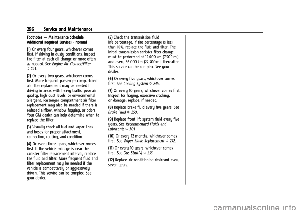 CHEVROLET CORVETTE C8 2021 Owners Guide Chevrolet Corvette Owner Manual (GMNA-Localizing-U.S./Canada/Mexico-
14622938) - 2021 - CRC - 9/22/20
296 Service and Maintenance
Footnotes—Maintenance Schedule
Additional Required Services - Normal CHEVROLET CORVETTE C8 2021 Owners Guide Chevrolet Corvette Owner Manual (GMNA-Localizing-U.S./Canada/Mexico-
14622938) - 2021 - CRC - 9/22/20
296 Service and Maintenance
Footnotes—Maintenance Schedule
Additional Required Services - Normal