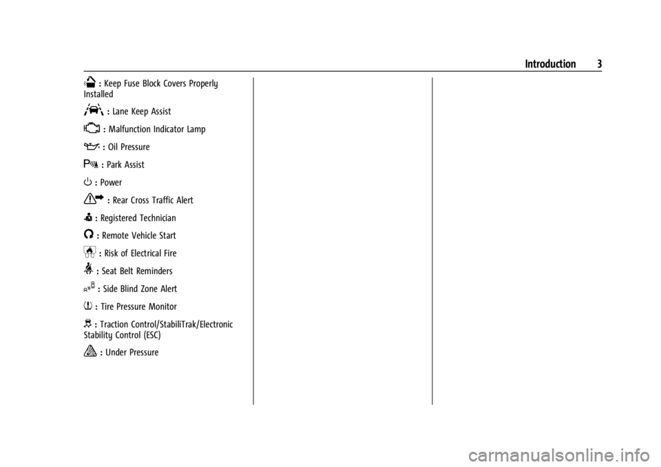 CHEVROLET CORVETTE C8 2021  Owners Manual Chevrolet Corvette Owner Manual (GMNA-Localizing-U.S./Canada/Mexico-
14622938) - 2021 - CRC - 9/22/20
Introduction 3
Q:Keep Fuse Block Covers Properly
Installed
A: Lane Keep Assist
*: Malfunction Indi