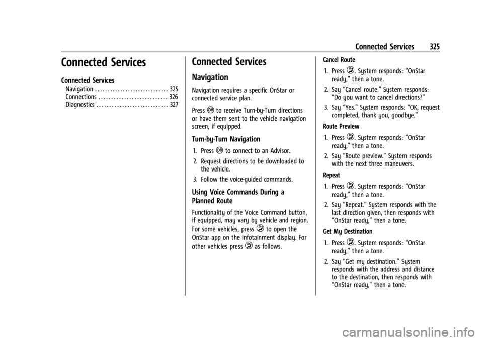 CHEVROLET CORVETTE C8 2021 Owners Guide Chevrolet Corvette Owner Manual (GMNA-Localizing-U.S./Canada/Mexico-
14622938) - 2021 - CRC - 9/22/20
Connected Services 325
Connected Services
Connected Services
Navigation . . . . . . . . . . . . . CHEVROLET CORVETTE C8 2021 Owners Guide Chevrolet Corvette Owner Manual (GMNA-Localizing-U.S./Canada/Mexico-
14622938) - 2021 - CRC - 9/22/20
Connected Services 325
Connected Services
Connected Services
Navigation . . . . . . . . . . . . .