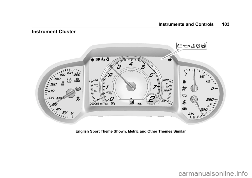 CHEVROLET CORVETTE GRAND SPORT 2019 Owners Manual Chevrolet Corvette Owner Manual (GMNA-Localizing-U.S./Canada/Mexico-
12032182) - 2019 - crc - 5/8/18
Instruments and Controls 103
Instrument Cluster
English Sport Theme Shown, Metric and Other Themes CHEVROLET CORVETTE GRAND SPORT 2019 Owners Manual Chevrolet Corvette Owner Manual (GMNA-Localizing-U.S./Canada/Mexico-
12032182) - 2019 - crc - 5/8/18
Instruments and Controls 103
Instrument Cluster
English Sport Theme Shown, Metric and Other Themes