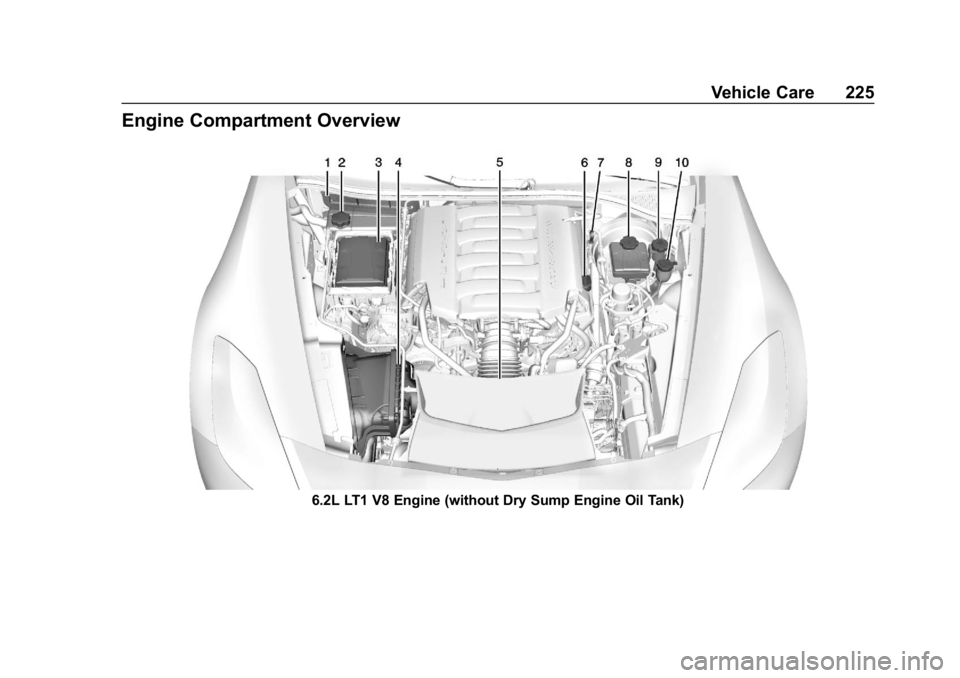 CHEVROLET CORVETTE GRAND SPORT 2019 Owners Manual Chevrolet Corvette Owner Manual (GMNA-Localizing-U.S./Canada/Mexico-
12032182) - 2019 - crc - 5/8/18
Vehicle Care 225
Engine Compartment Overview
6.2L LT1 V8 Engine (without Dry Sump Engine Oil Tank) CHEVROLET CORVETTE GRAND SPORT 2019 Owners Manual Chevrolet Corvette Owner Manual (GMNA-Localizing-U.S./Canada/Mexico-
12032182) - 2019 - crc - 5/8/18
Vehicle Care 225
Engine Compartment Overview
6.2L LT1 V8 Engine (without Dry Sump Engine Oil Tank)