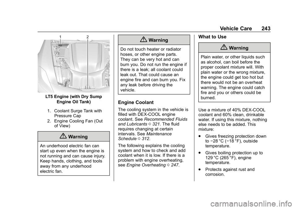 CHEVROLET CORVETTE GRAND SPORT 2019  Owners Manual Chevrolet Corvette Owner Manual (GMNA-Localizing-U.S./Canada/Mexico-
12032182) - 2019 - crc - 5/8/18
Vehicle Care 243
LT5 Engine (with Dry SumpEngine Oil Tank)
1. Coolant Surge Tank withPressure Cap
2