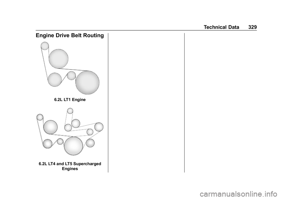 CHEVROLET CORVETTE GRAND SPORT 2019  Owners Manual Chevrolet Corvette Owner Manual (GMNA-Localizing-U.S./Canada/Mexico-
12032182) - 2019 - crc - 5/8/18
Technical Data 329
Engine Drive Belt Routing
6.2L LT1 Engine
6.2L LT4 and LT5 SuperchargedEngines 