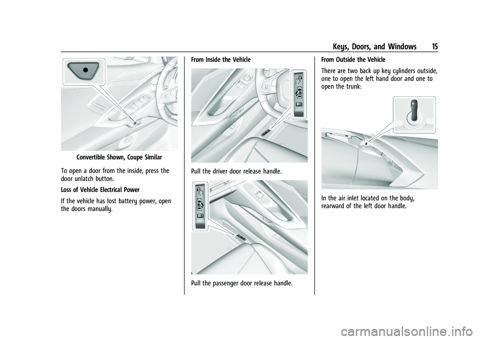 CHEVROLET CORVETTE 2022 User Guide Chevrolet Corvette Owner Manual (GMNA-Localizing-U.S./Canada/Mexico-
15342622) - 2022 - CRC - 5/4/21
Keys, Doors, and Windows 15
Convertible Shown, Coupe Similar
To open a door from the inside, press 