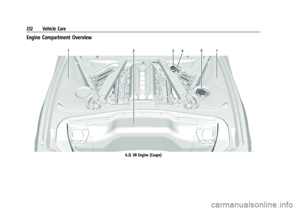 CHEVROLET CORVETTE 2022 Owners Manual Chevrolet Corvette Owner Manual (GMNA-Localizing-U.S./Canada/Mexico-
15342622) - 2022 - CRC - 5/4/21
232 Vehicle Care
Engine Compartment Overview
6.2L V8 Engine (Coupe) CHEVROLET CORVETTE 2022 Owners Manual Chevrolet Corvette Owner Manual (GMNA-Localizing-U.S./Canada/Mexico-
15342622) - 2022 - CRC - 5/4/21
232 Vehicle Care
Engine Compartment Overview
6.2L V8 Engine (Coupe)