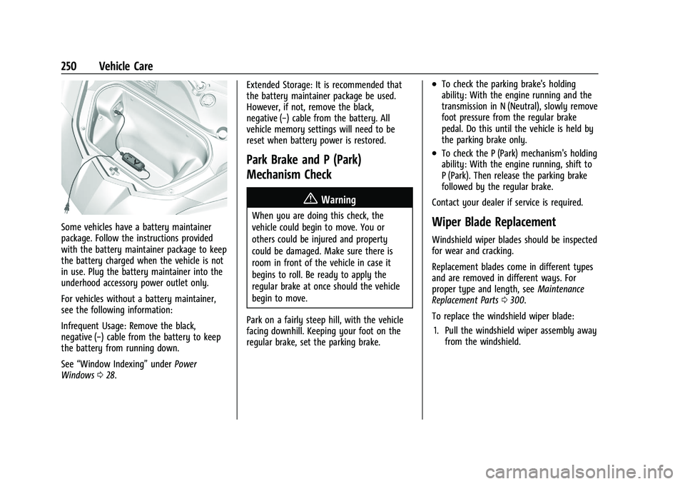 CHEVROLET CORVETTE 2022  Owners Manual Chevrolet Corvette Owner Manual (GMNA-Localizing-U.S./Canada/Mexico-
15342622) - 2022 - CRC - 5/4/21
250 Vehicle Care
Some vehicles have a battery maintainer
package. Follow the instructions provided
