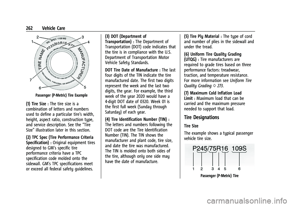 CHEVROLET CORVETTE 2022  Owners Manual Chevrolet Corvette Owner Manual (GMNA-Localizing-U.S./Canada/Mexico-
15342622) - 2022 - CRC - 5/4/21
262 Vehicle Care
Passenger (P-Metric) Tire Example
(1) Tire Size:The tire size is a
combination of 