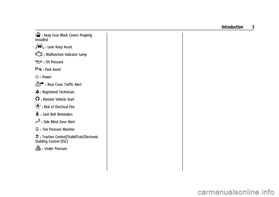 CHEVROLET CORVETTE 2022  Owners Manual Chevrolet Corvette Owner Manual (GMNA-Localizing-U.S./Canada/Mexico-
15342622) - 2022 - CRC - 5/12/21
Introduction 3
Q:Keep Fuse Block Covers Properly
Installed
A: Lane Keep Assist
*: Malfunction Indi