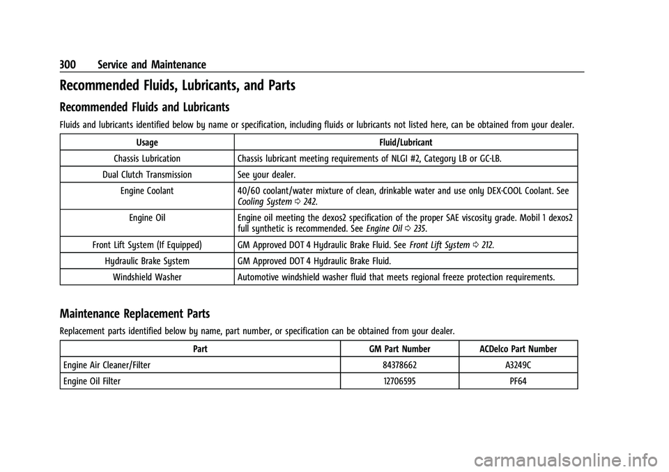 CHEVROLET CORVETTE 2022  Owners Manual Chevrolet Corvette Owner Manual (GMNA-Localizing-U.S./Canada/Mexico-
15342622) - 2022 - CRC - 5/4/21
300 Service and Maintenance
Recommended Fluids, Lubricants, and Parts
Recommended Fluids and Lubric