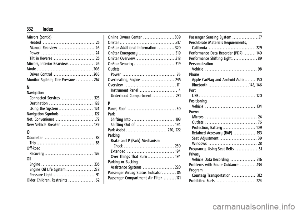 CHEVROLET CORVETTE 2022  Owners Manual Chevrolet Corvette Owner Manual (GMNA-Localizing-U.S./Canada/Mexico-
15342622) - 2022 - CRC - 5/4/21
332 Index
Mirrors (cont'd)Heated . . . . . . . . . . . . . . . . . . . . . . . . . . . . . . . 