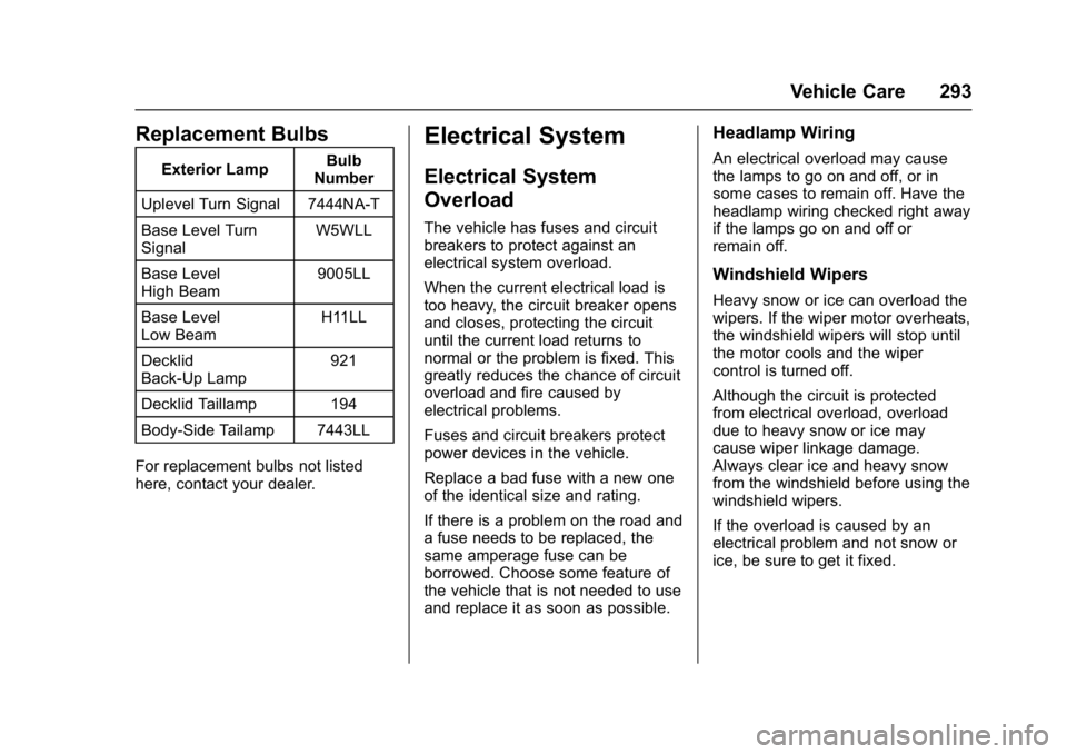 CHEVROLET CRUZE HATCHBACK 2017 Owners Manual Chevrolet Cruze Owner Manual (GMNA-Localizing-U.S./Canada/Mexico-
9803785) - 2017 - CRC - 4/13/16
Vehicle Care 293
Replacement Bulbs
Exterior LampBulb
Number
Uplevel Turn Signal 7444NA-T
Base Level Tu CHEVROLET CRUZE HATCHBACK 2017 Owners Manual Chevrolet Cruze Owner Manual (GMNA-Localizing-U.S./Canada/Mexico-
9803785) - 2017 - CRC - 4/13/16
Vehicle Care 293
Replacement Bulbs
Exterior LampBulb
Number
Uplevel Turn Signal 7444NA-T
Base Level Tu